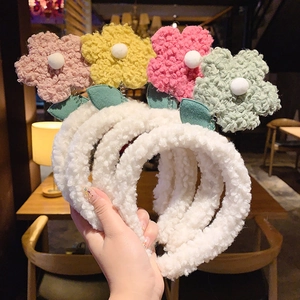 Cute set of four plush floral headbands with soft 3D sheepskin wool flowers for girls