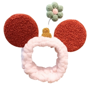 Roze pluche spa-hoofdband met oranje cartoon-oren en gehaakte bloemdecoratie