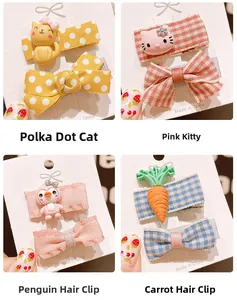 Close-up of cute cartoon bow hair clips for kids in pink, blue, and yellow designs