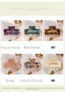 Detail view of large acetate hair claws in six floral patterns and shell textures