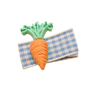 Cute carrot hair clip for girls with green leaves and blue checkered fabric wrap