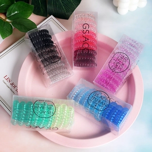 Gradient spiral hair ties in TPU material showcased in five clear gift boxes