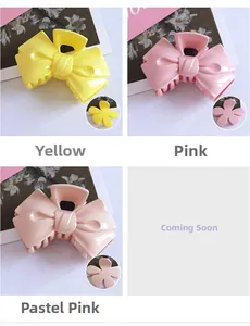 Detailed grid view of bow-shaped resin hair claws in yellow and pink candy colors