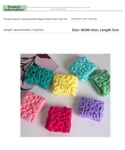 Detailed view of seven colorful pleated hair ties with elastic knit material and 6cm width