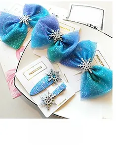 5-piece frozen princess themed hair clips set with blue bows and silver snowflakes