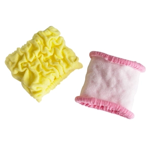 Absorbent coral fleece wrist washbands in yellow wave texture and pink elastic ruffle style