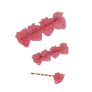 Ensemble de 3 barrettes fraises roses avec paillettes dorées et strass scintillants