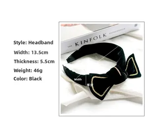 Detail of black velvet headband with golden chain edge bow and size dimensions