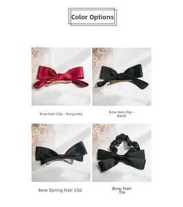 Detail view of burgundy and black satin bow hair clips and scrunchie in four-grid layout