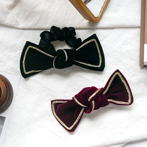 Velvet bow hair tie and deep red hair clip set with elegant gold braided edges
