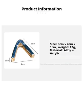 Technical detail showing dimensions and weight of the blue and gold V-shaped metal hair claw
