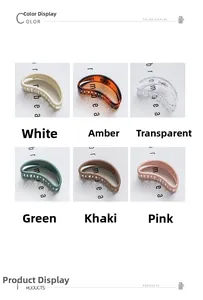 Detailed color display of six half-moon hair claws in matte and glossy finishes