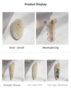Detail view of five resin hair clips with faux pearls and colorful stone fillings