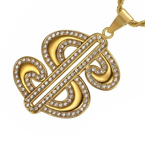Hip hop gold dollar sign pendant necklace with iced-out crystals and twisted rope chain