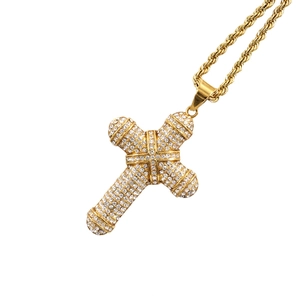 Hip hop vintage cross pendant necklace in gold finish with sparkling pavé cubic zirconia
