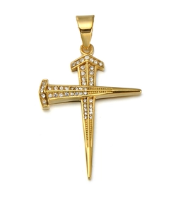 Pendentif Croix de Clou en Acier Inoxydable Hip Hop pour Hommes Plaqué Or Strass Incrusté Bijoux Tendance Sans Chaîne