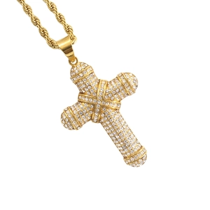 Vintage gold-plated titanium steel cross pendant necklace with sparkling pavé zircons