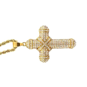 Golden titanium steel cross necklace with pavé zircons and a rope chain accessory