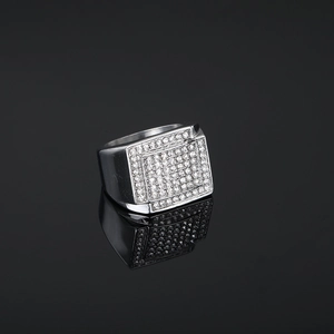 Men's hip hop silver square ring with sparkling micro-paved rhinestones on black base