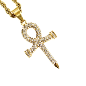 Goud vergulde Ankh-nagelkruis hanger ketting met witte kristallen op touwketting