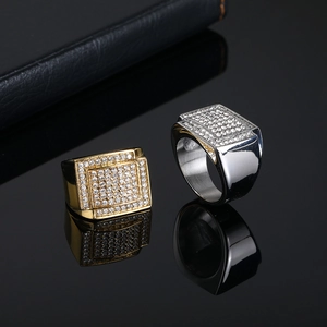 Hip hop style gold and silver square rings set with iced out pave rhinestones