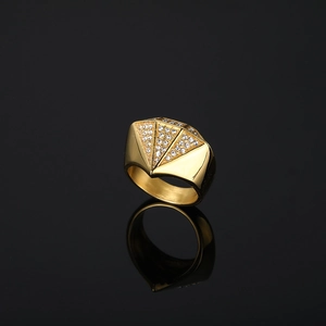 Hip Hop style gold geometric ring with micro-pave crystals on black mirror surface