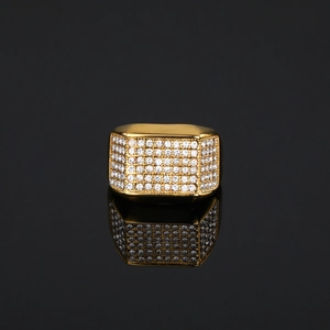 Hip hop gold plated stainless steel square ring for men with iced out cubic zirconia stones