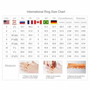 Detailed international ring size chart with USA, UK, FR, DE conversions and measuring guide