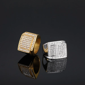 Hip hop style gold and silver titanium steel rings with full iced out crystal pavé