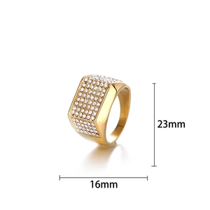 Macro view of gold-plated hip hop ring with white rhinestones and 23mm height detail