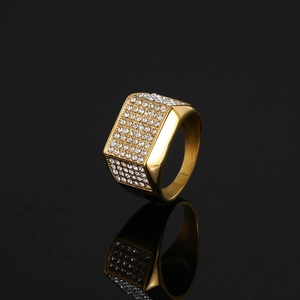 Men's hip-hop gold plated square ring with sparkling white rhinestones on black background