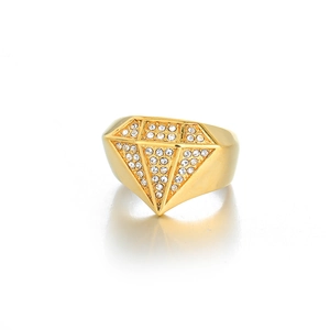 Hip hop street style gold ring with diamond silhouette shape and crystal pavé setting