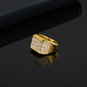 Men's hip hop gold plated stainless steel signet ring with rectangle cubic zirconia stones