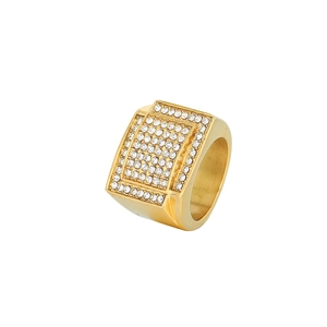 Men's wide hip hop signet ring in gold finish with iced out micro-pave crystals