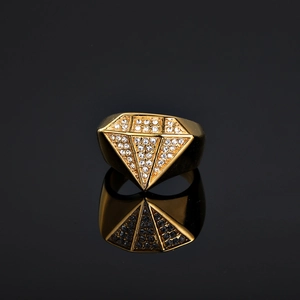 Iced Out Geometric Diamond Shape Ring For Men Hip Hop Street Style Gold Plated Stainless Steel Inlaid Zirconia Jewelry