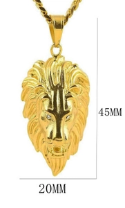 Vue détaillée du pendentif lion doré 45mm montrant les dimensions et les yeux
