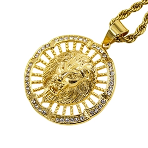 Hip hop lion head medallion pendant in gold finish with sparkling white crystals