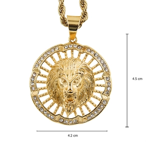 Hip hop style gold plated stainless steel lion head pendant necklace with rhinestones