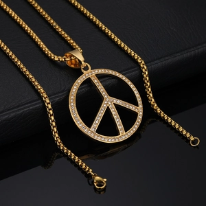 Gold plated hip hop peace sign pendant necklace with crystals on black display box