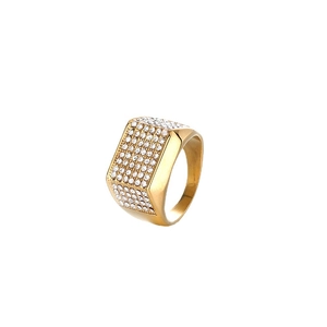 Men's hip hop iced out square ring with gold plating and rows of clear crystals