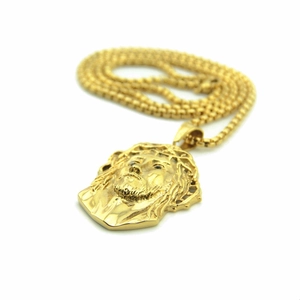 Vintage gold plated stainless steel Jesus head relief pendant on box chain necklace