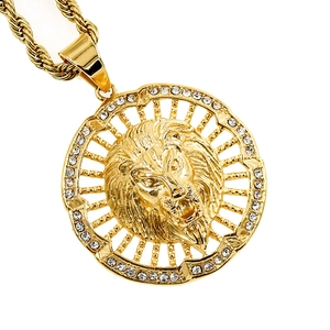 Hip hop punk lion head pendant necklace in gold finish with sparkling crystals