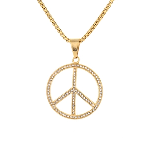 Hip hop gold plated peace sign pendant necklace with iced out crystals and box chain