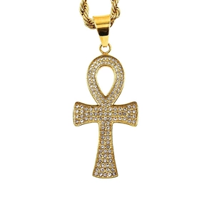 Pendentif Croix d'Ankh Égyptienne Seul Sans Chaîne Acier Inoxydable Plaqué Or Strass Bijoux Hip Hop Unisexe