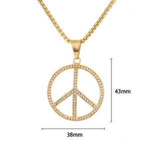 Detailed view of gold plated peace sign pendant with crystal inlay showing 43x38mm dimensions