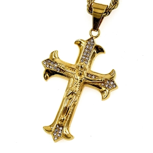 Classic gold plated crucifix pendant necklace with sparkling cubic zirconia on a rope chain