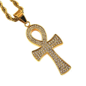 Pendentif croix Ankh égyptienne dorée avec strass scintillants et chaîne de type corde