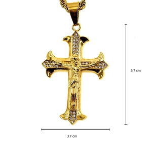 Classic gold cross pendant with Jesus relief and rhinestones on rope chain, 5.7x3.7cm