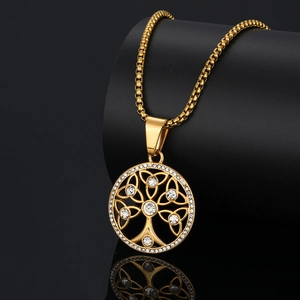 Vintage Celtic Tree of Life pendant necklace in gold finish with sparkling white crystals