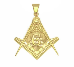 Detailed close-up of golden Masonic pendant with square, compass, and letter G design